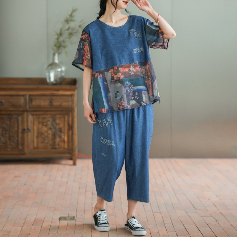 Loose Plus Size Stitching Printing Denim Suit Summer Thin Women’s Casual Suit Two Fashion Sets
