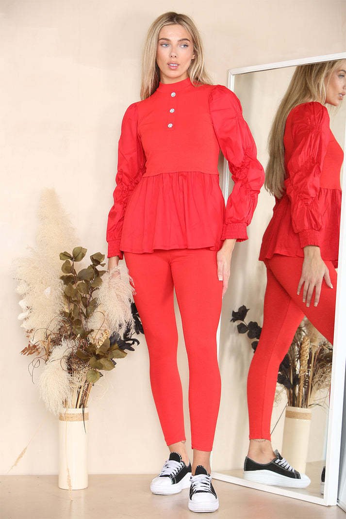 Ribbed Peplum Diamond Buttons Frilled Hem Lounge Wear Co-Ord Set