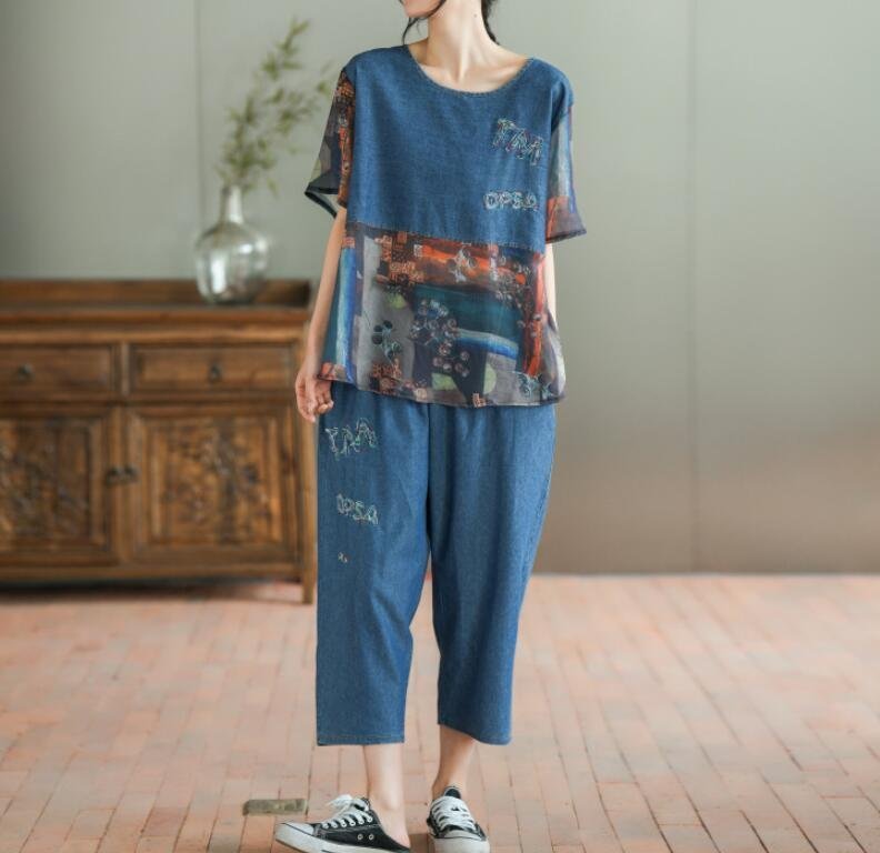 Loose Plus Size Stitching Printing Denim Suit Summer Thin Women’s Casual Suit Two Fashion Sets