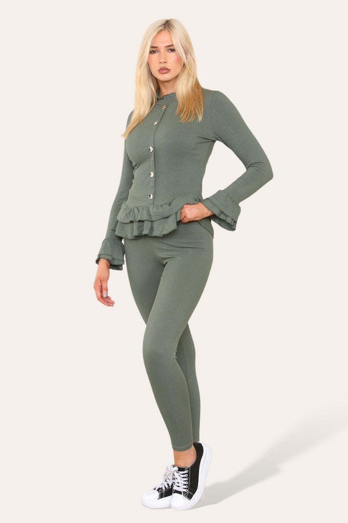 Peplum Front Buttons Frilled Hem Lounge Wear Set
