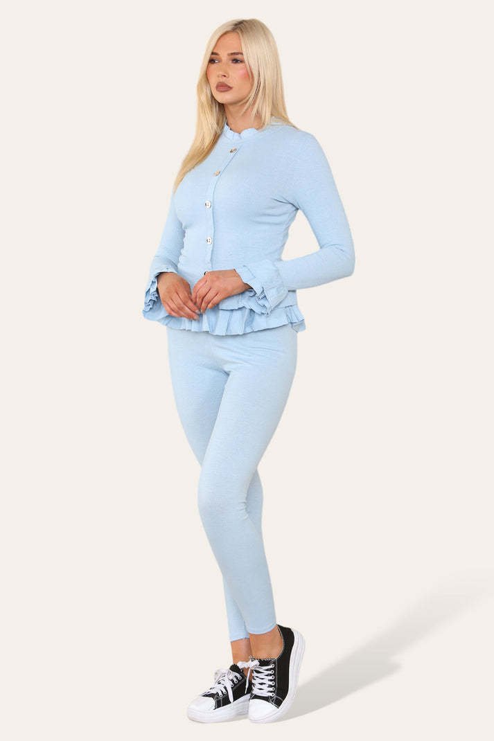 Peplum Front Buttons Frilled Hem Lounge Wear Set