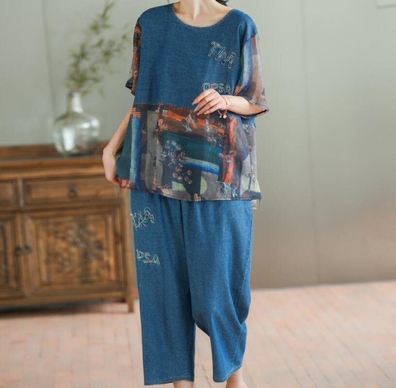 Loose Plus Size Stitching Printing Denim Suit Summer Thin Women’s Casual Suit Two Fashion Sets