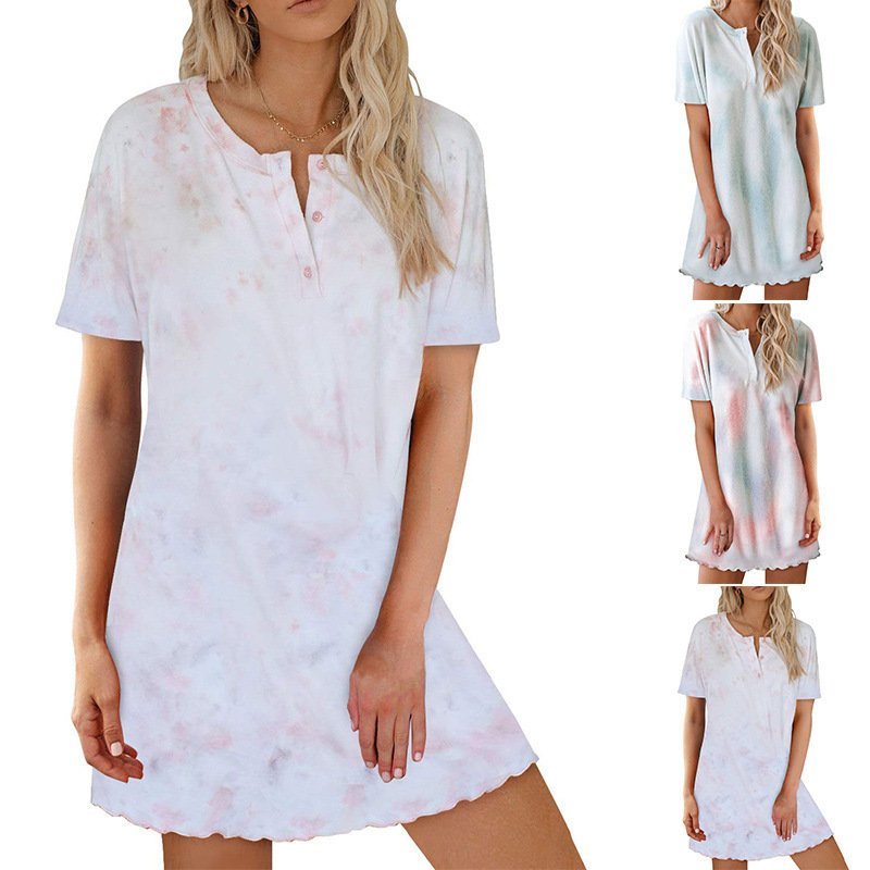 New Short Sleeve Tie Dye Pajamas Loungewear Dress