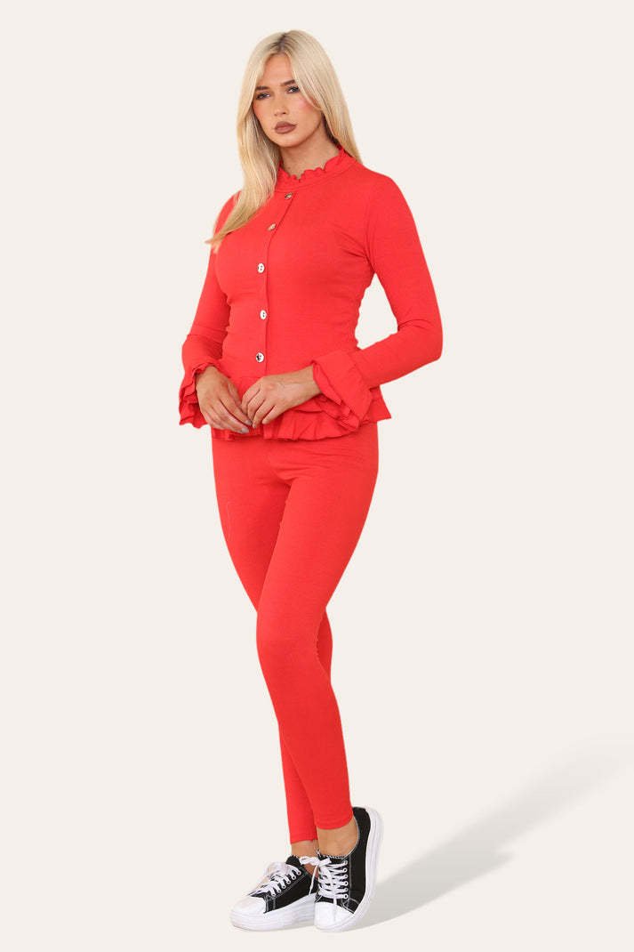 Peplum Front Buttons Frilled Hem Lounge Wear Set