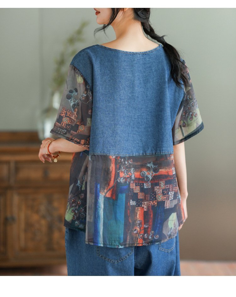 Loose Plus Size Stitching Printing Denim Suit Summer Thin Women’s Casual Suit Two Fashion Sets